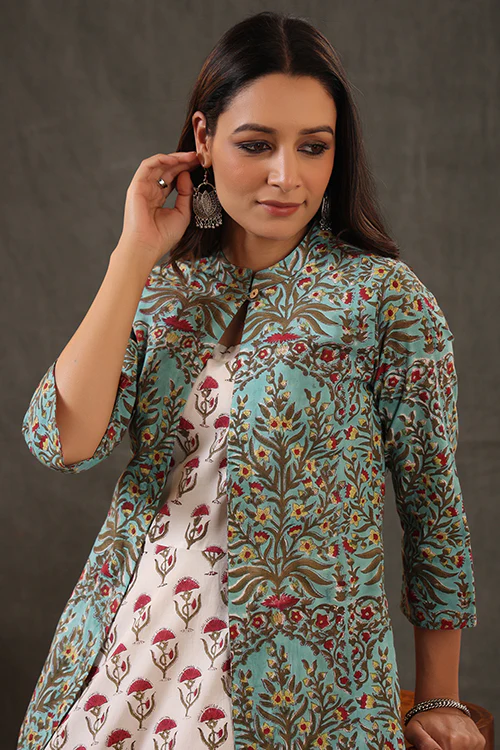 Shuddhi Mint Green And Scarlet Red Double Layered Dress - Image 8