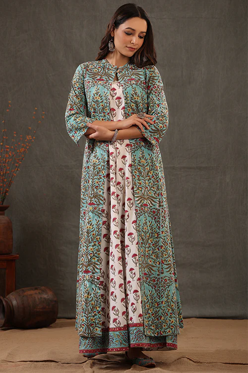 Shuddhi Mint Green And Scarlet Red Double Layered Dress - Image 9