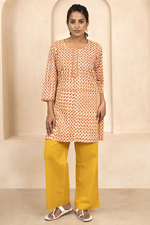 Shuddhi Mustard and Maroon Handblock Printed Short Kurti - Image 2