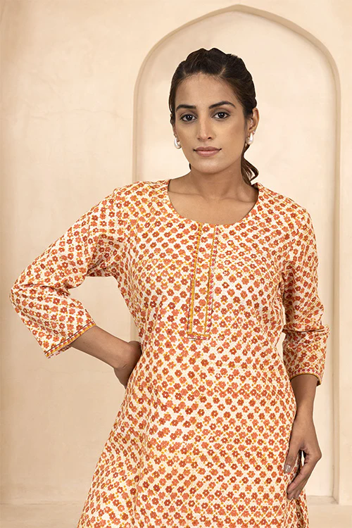 Shuddhi Mustard and Maroon Handblock Printed Short Kurti - Image 4