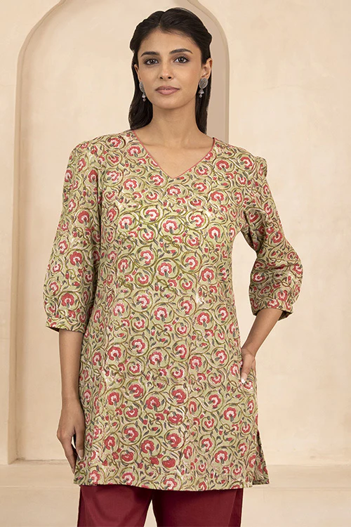 Shuddhi Pale Olive Green Handblock Printed Short Kurti