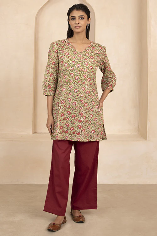Shuddhi Pale Olive Green Handblock Printed Short Kurti - Image 2