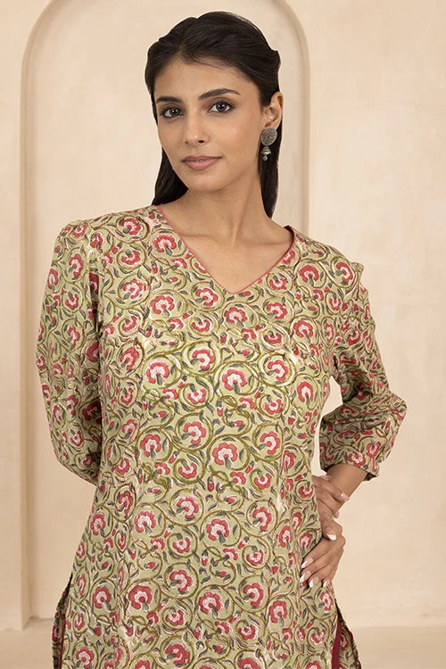 Shuddhi Pale Olive Green Handblock Printed Short Kurti - Image 5