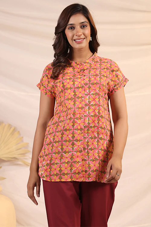 Shuddhi Peach And Yellow Shirt