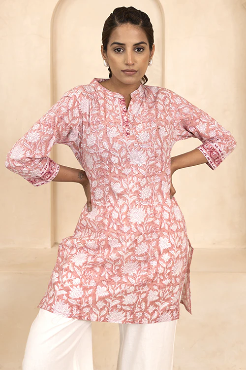Shuddhi Peach Handblock Printed Short Kurti - Image 2
