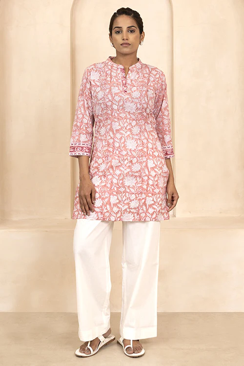 Shuddhi Peach Handblock Printed Short Kurti - Image 3