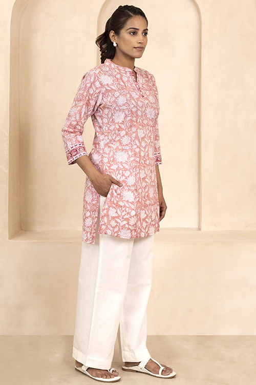 Shuddhi Peach Handblock Printed Short Kurti - Image 4