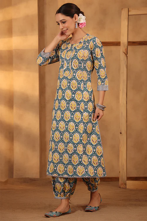 Shuddhi Pine Green And Lemin Yellow Kurta Pant Set - Image 3