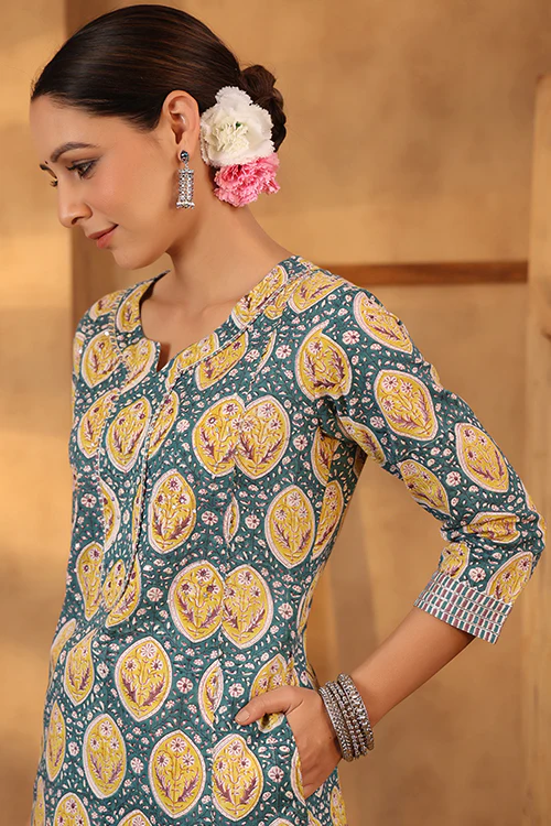 Shuddhi Pine Green And Lemin Yellow Kurta Pant Set - Image 4
