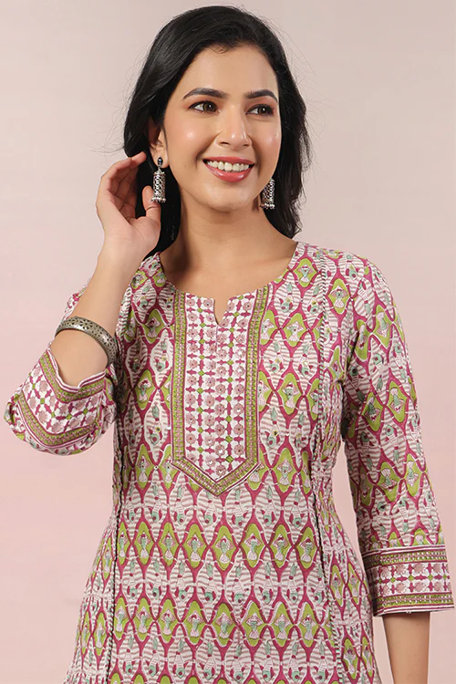 Shuddhi  Pink And Green A Line Kurta - Image 2
