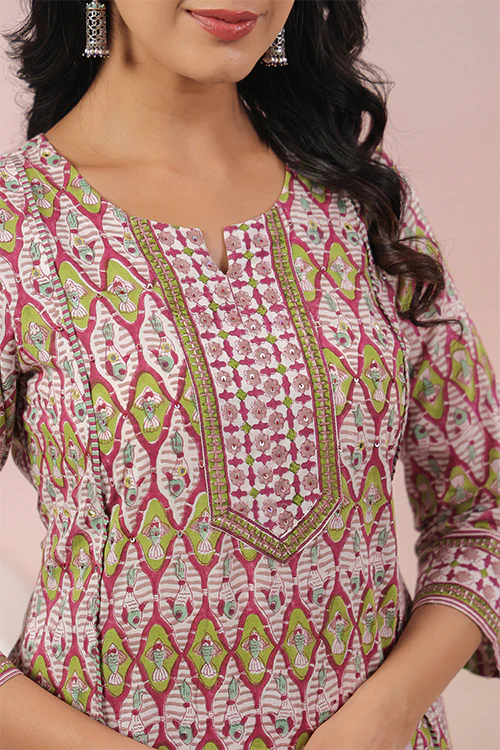 Shuddhi  Pink And Green A Line Kurta - Image 3
