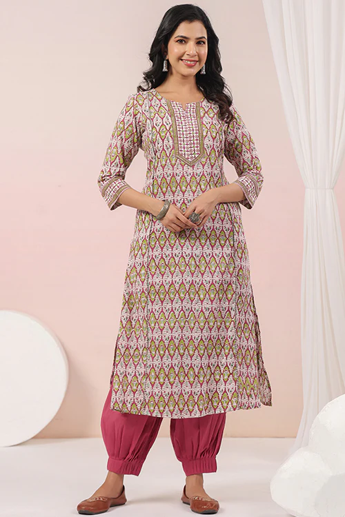 Shuddhi  Pink And Green A Line Kurta - Image 5