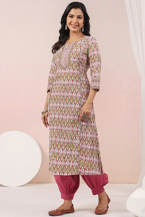Shuddhi  Pink And Green A Line Kurta - Image 6