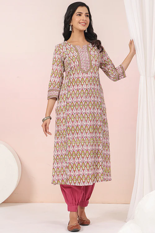 Shuddhi  Pink And Green A Line Kurta - Image 7
