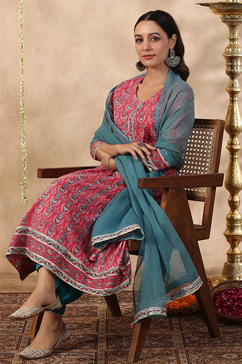 Shuddhi Pink And Teal Green Kurta And Duppata Set - Image 10