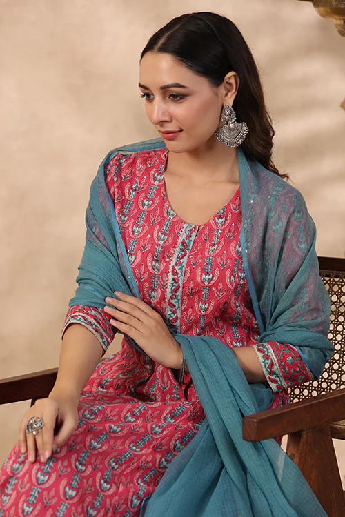 Shuddhi Pink And Teal Green Kurta And Duppata Set - Image 11