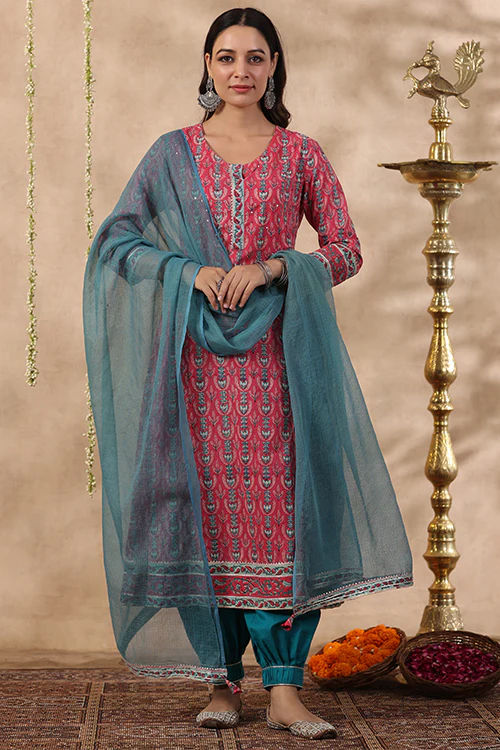 Shuddhi Pink And Teal Green Kurta And Duppata Set - Image 2