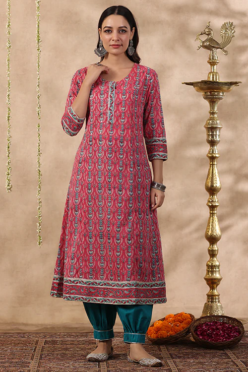 Shuddhi Pink And Teal Green Kurta And Duppata Set - Image 3