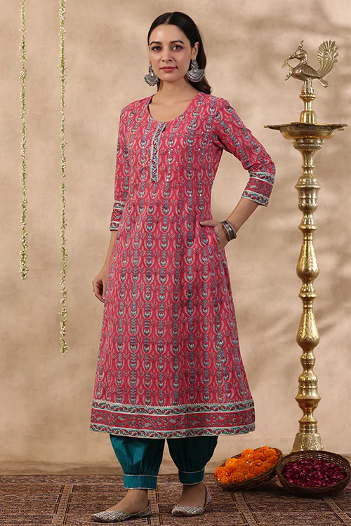 Shuddhi Pink And Teal Green Kurta And Duppata Set - Image 4