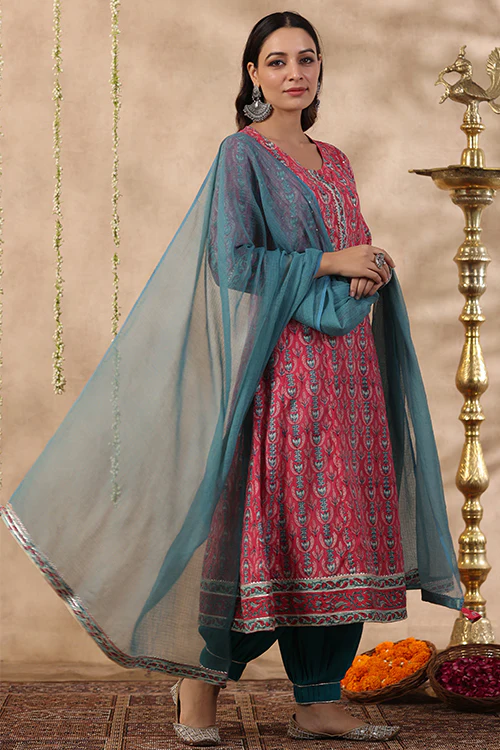 Shuddhi Pink And Teal Green Kurta And Duppata Set - Image 5