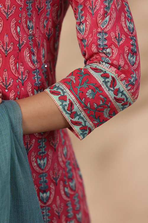Shuddhi Pink And Teal Green Kurta And Duppata Set - Image 7
