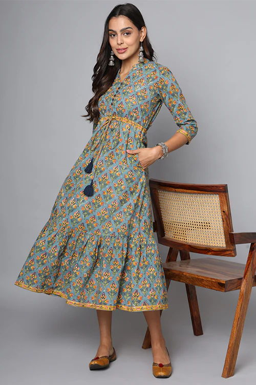 Shuddhi Powder Blue With Mustard Dress - Image 4