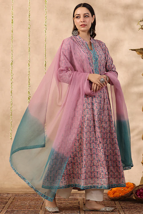 Shuddhi Purple And Teal Green Piece Kurta And Duppatta Set - Image 9