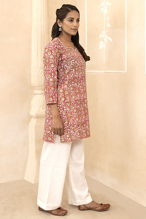 Shuddhi Raspberry Pink Handblock Printed Cotton Short Kurti - Image 3