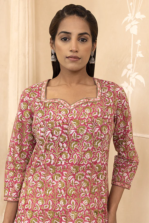 Shuddhi Raspberry Pink Handblock Printed Cotton Short Kurti - Image 4