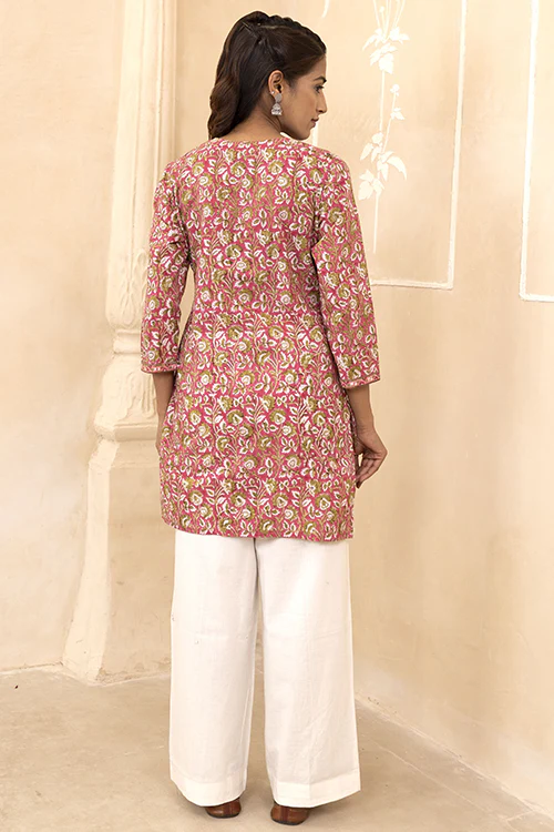 Shuddhi Raspberry Pink Handblock Printed Cotton Short Kurti - Image 5