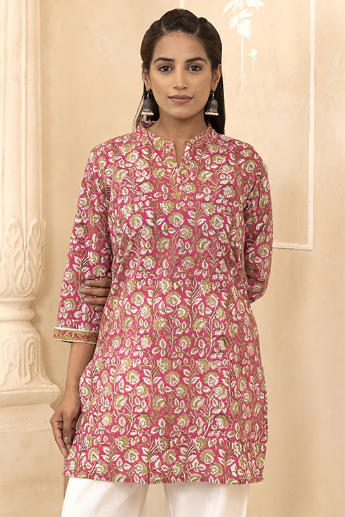 Shuddhi Raspberry Pink Handblock Printed Short Kurti