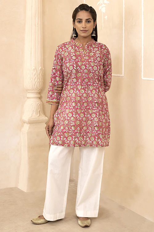 Shuddhi Raspberry Pink Handblock Printed Short Kurti - Image 2