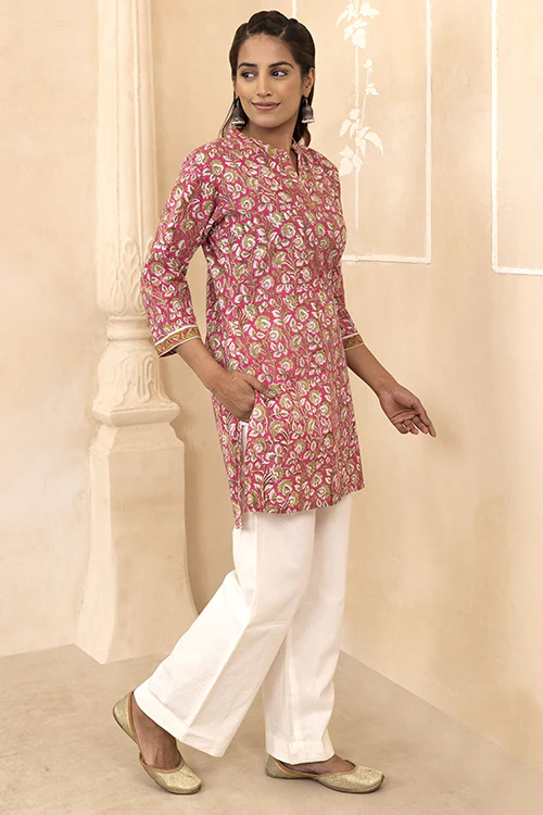 Shuddhi Raspberry Pink Handblock Printed Short Kurti - Image 3