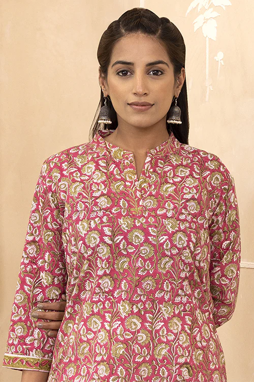 Shuddhi Raspberry Pink Handblock Printed Short Kurti - Image 4