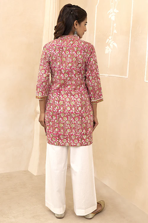 Shuddhi Raspberry Pink Handblock Printed Short Kurti - Image 5
