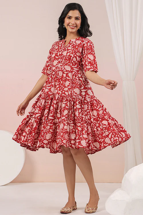 Shuddhi Red And Beige Tier Dress