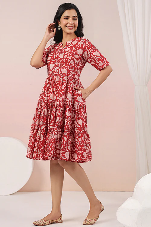 Shuddhi Red And Beige Tier Dress - Image 11
