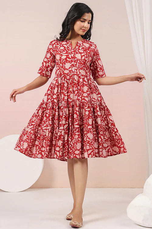 Shuddhi Red And Beige Tier Dress - Image 4