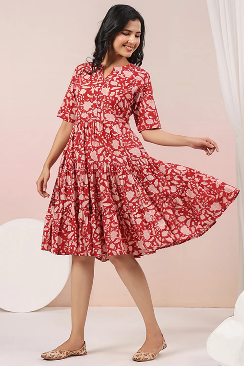 Shuddhi Red And Beige Tier Dress - Image 5