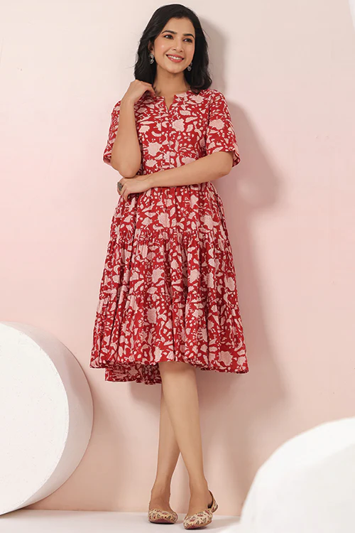 Shuddhi Red And Beige Tier Dress - Image 6