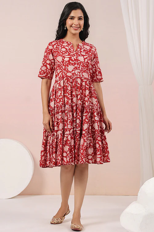 Shuddhi Red And Beige Tier Dress - Image 9