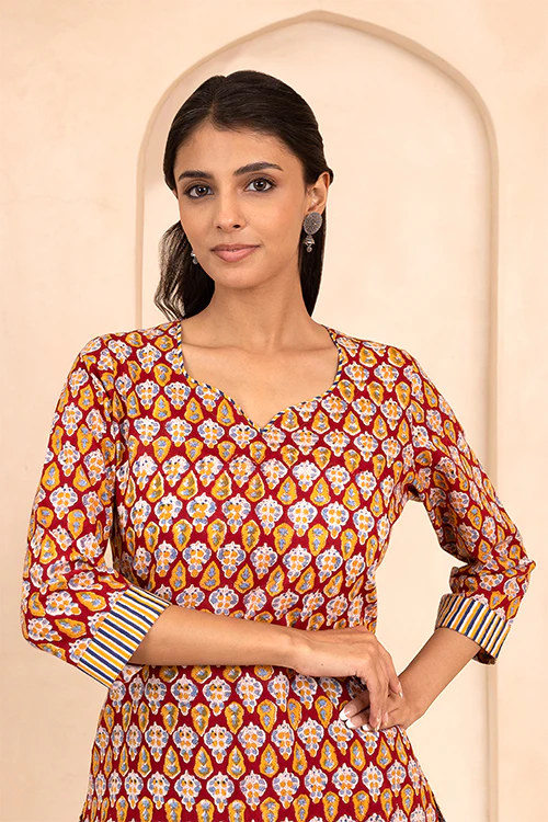 Shuddhi Red Handblock Printed Short Kurti - Image 5