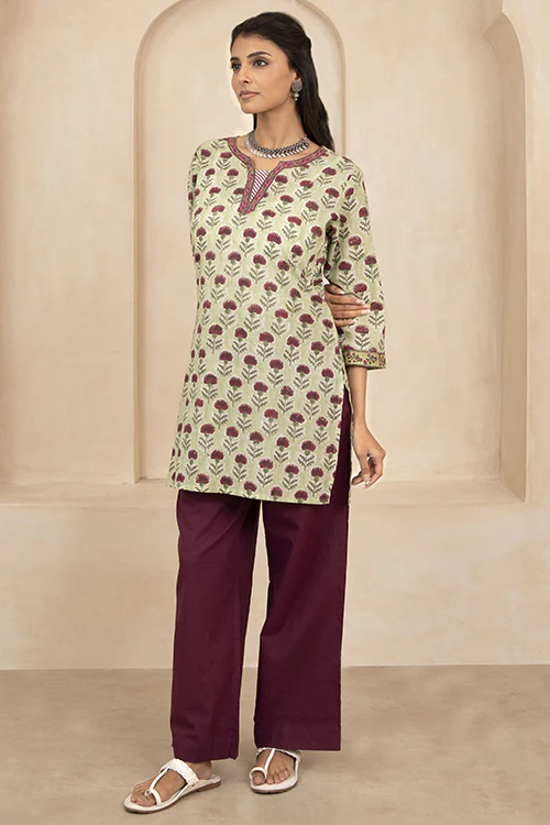 Shuddhi Sage Green Handblock Printed Short Kurti - Image 2