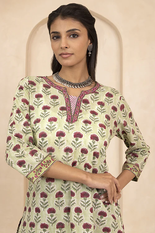 Shuddhi Sage Green Handblock Printed Short Kurti - Image 3