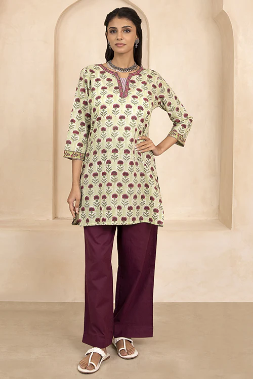 Shuddhi Sage Green Handblock Printed Short Kurti - Image 4