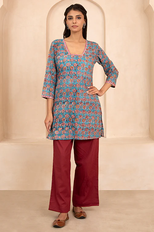 Shuddhi Sea Green Handblock Printed Short Kurti - Image 2