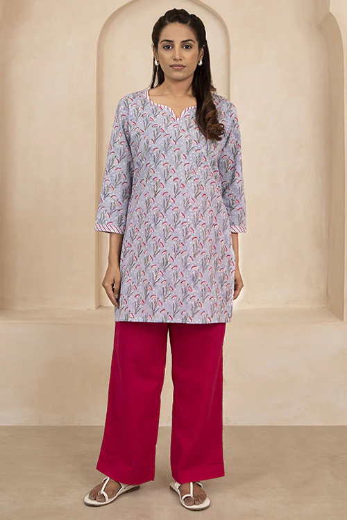 Shuddhi Sky Blue Handblock Printed Short Kurti - Image 2