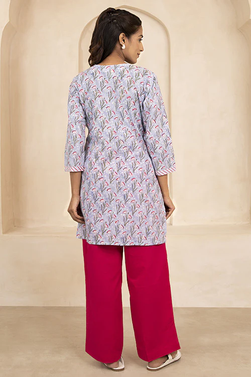 Shuddhi Sky Blue Handblock Printed Short Kurti - Image 4