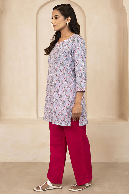 Shuddhi Sky Blue Handblock Printed Short Kurti - Image 5