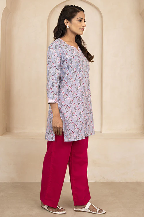 Shuddhi Sky Blue Handblock Printed Short Kurti - Image 6